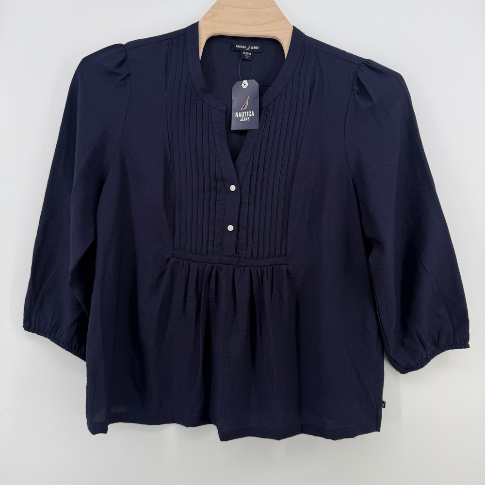 Nautica Jeans Co Womens XL Navy Blue Pintuck Button Split Neck Blouse NWT